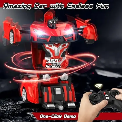Qumcou 1: 16 Transform Remote Control Car, Toys for Boys Age 3-8, Red | Easy 2.4GHz Controls, 360° Spins for Indoor Play. LED Light, One-Button Transforming. Fun Birthday Gift for Boys - 3