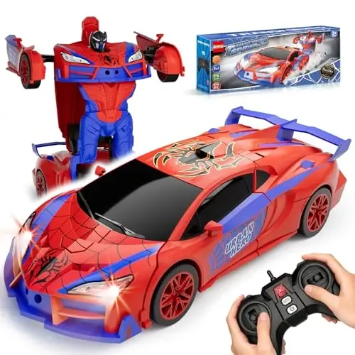 Qumcou Spider-Themed Toys, 1: 16 Transforming RC Car, Toy for Boys Aged 3-8 | Easy 2.4GHz Controls, 360° Spins for Indoor Play. Shining Red Blue Light, One-Button Transforming. Fun Birthday Gift for Boys - 1