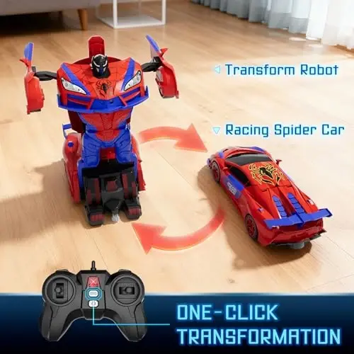 Qumcou Spider-Themed Toys, 1: 16 Transforming RC Car, Toy for Boys Aged 3-8 | Easy 2.4GHz Controls, 360° Spins for Indoor Play. Shining Red Blue Light, One-Button Transforming. Fun Birthday Gift for Boys - QUMCOU (1)