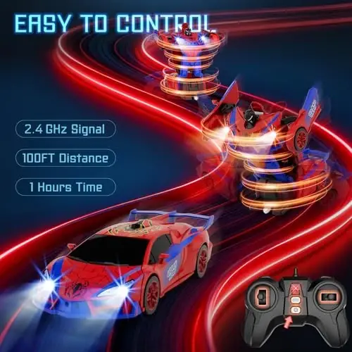 Qumcou Spider-Themed Toys, 1: 16 Transforming RC Car, Toy for Boys Aged 3-8 | Easy 2.4GHz Controls, 360° Spins for Indoor Play. Shining Red Blue Light, One-Button Transforming. Fun Birthday Gift for Boys - 3