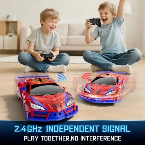 Qumcou Spider-Themed Toys, 1: 16 Transforming RC Car, Toy for Boys Aged 3-8 | Easy 2.4GHz Controls, 360° Spins for Indoor Play. Shining Red Blue Light, One-Button Transforming. Fun Birthday Gift for Boys - 4