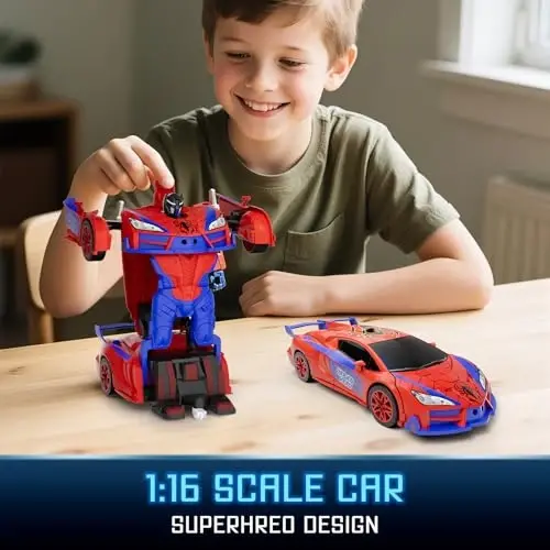 Qumcou Spider-Themed Toys, 1: 16 Transforming RC Car, Toy for Boys Aged 3-8 | Easy 2.4GHz Controls, 360° Spins for Indoor Play. Shining Red Blue Light, One-Button Transforming. Fun Birthday Gift for Boys - 5
