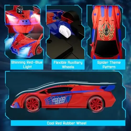 Qumcou Spider-Themed Toys, 1: 16 Transforming RC Car, Toy for Boys Aged 3-8 | Easy 2.4GHz Controls, 360° Spins for Indoor Play. Shining Red Blue Light, One-Button Transforming. Fun Birthday Gift for Boys - 6