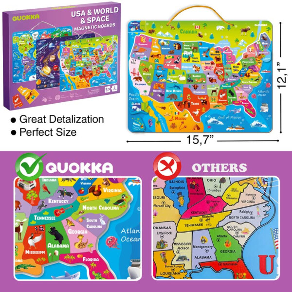 QUOKKA Magnetic Toddler Puzzles Ages 3-5 - 3 Educational Travel Games Puzzles for Kids Ages 4-6 - Space, USA and World Map Learning Toys for Boy and Girl 2-4 Learn United States - 7