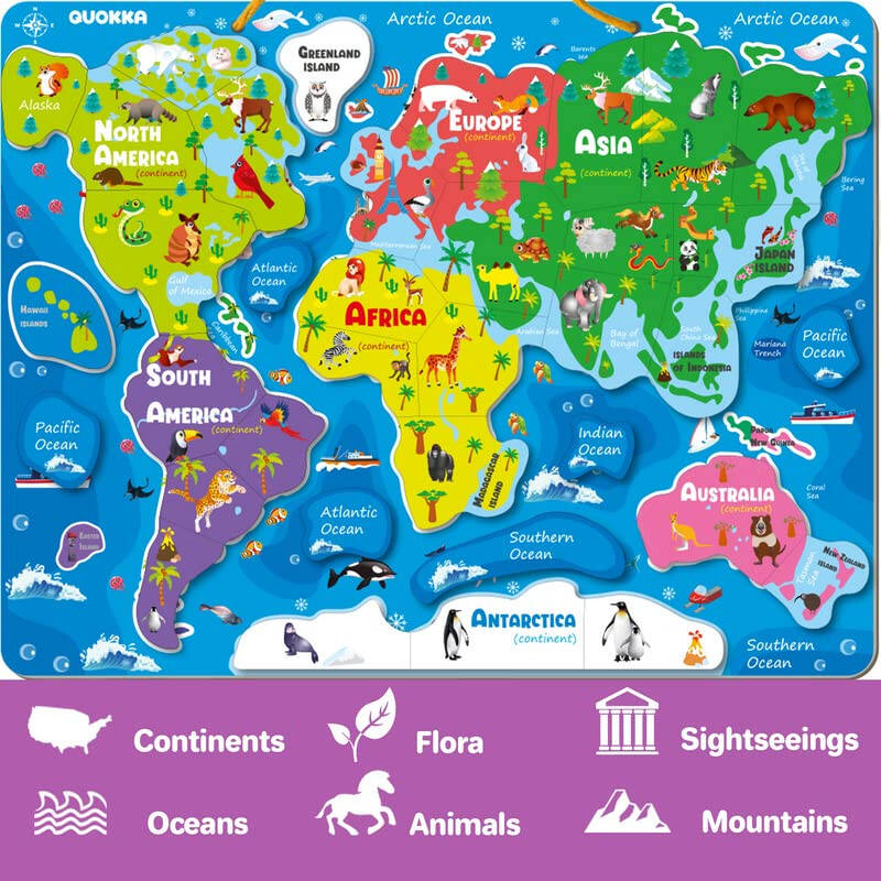 QUOKKA Magnitli Bolajonlar Uchun Puzzlelar 3-5 Yosh - 3 Ta'lim Sayohat O'yinlari Puzzlelari 4-6 Yosh Bolalar Uchun - Kosmos, AQSh va Jahon Xaritasi O'quv O'yinchoqlari O'g'il va Qiz 2-4 Yosh AQShni O'rganing - 8