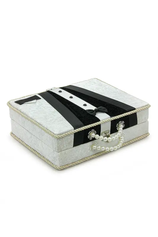 Quran Set Suitable for Groom's Dowry, Bridal Prayer Rug Set White-Black-White - 3