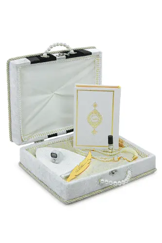 Quran Set Suitable for Groom's Dowry, Bridal Prayer Rug Set White-Black-White - 4