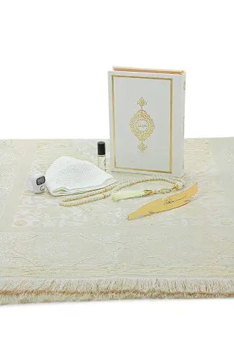 Quran Set Suitable for Groom's Dowry, Bridal Prayer Rug Set White-Black-White - 5