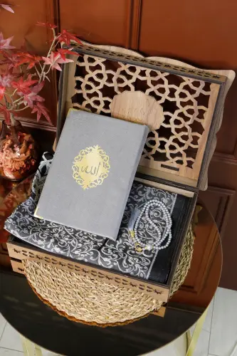 Quran Set with Wooden Stand, Velvet Quran, Pearl Tasbih, Prayer Rug 