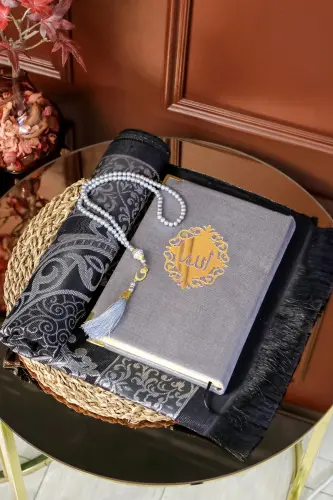 Quran Set with Wooden Stand, Velvet Quran, Pearl Tasbih, Prayer Rug - HAC UMRE HEDIYELIK (1)