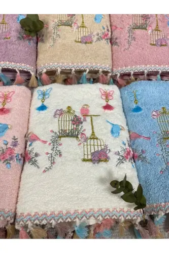 Qush qafas naqshli paxtali popukli 6'li 30x50 oshxona sochiqlar to'plami - 2