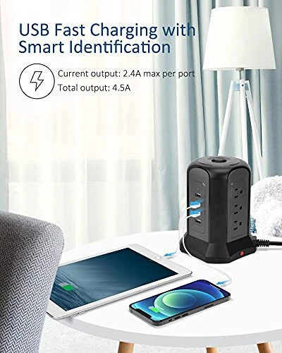 Quvvat simi minorasi to'lqin himoyasi, SUPERDANNY ish stoli zaryadlash stantsiyasi, 10 fut uzaytirgich simi, 9 rozetka, 4 USB port, 1080 Joule, 3-pinli, erga ulangan, uy, ofis uchun ko'p darajali himoya, qora - 14