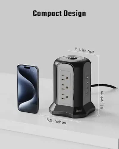 Quvvat simi minorasi to'lqin himoyasi, SUPERDANNY ish stoli zaryadlash stantsiyasi, 10 fut uzaytirgich simi, 9 rozetka, 4 USB port, 1080 Joule, 3-pinli, erga ulangan, uy, ofis uchun ko'p darajali himoya, qora - 12