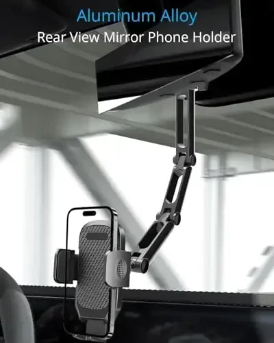 Quyee Phone Holder Car, Rear View Mirror Phone Holder - Aluminum Alloy Mount Multi-Angle Adjustment Rotatable and Retractable Compatible with All 4-7 Inch iPhone and Android Cell Phones (XL Black) - QUYEE (1)