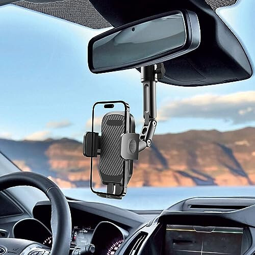 Quyee Phone Holder Car, Rear View Mirror Phone Holder - Aluminum Alloy Mount Multi-Angle Adjustment Rotatable and Retractable Compatible with All 4-7 Inch iPhone and Android Cell Phones - QUYEE (1)