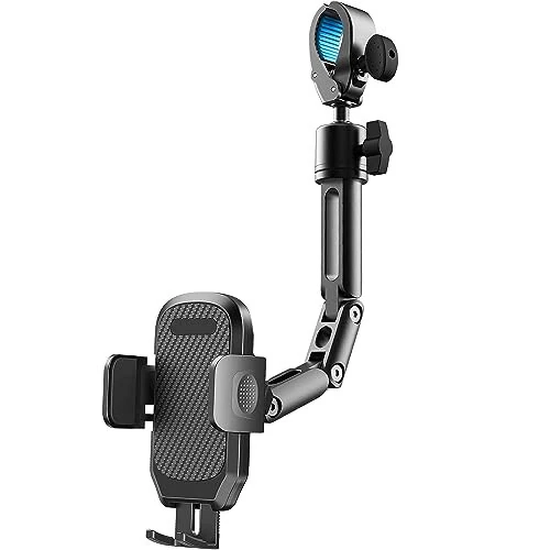 Quyee Phone Holder Car, Rear View Mirror Phone Holder - Aluminum Alloy Mount Multi-Angle Adjustment Rotatable and Retractable Compatible with All 4-7 Inch iPhone and Android Cell Phones - QUYEE