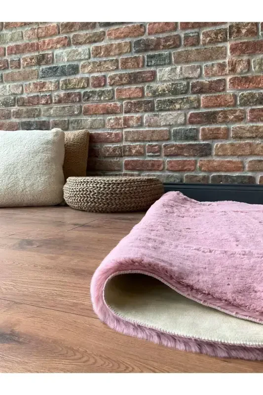 Quyon mo'ynali po'stli peluş ultra yumshoq po'stli puffy pushti-pushti - 6