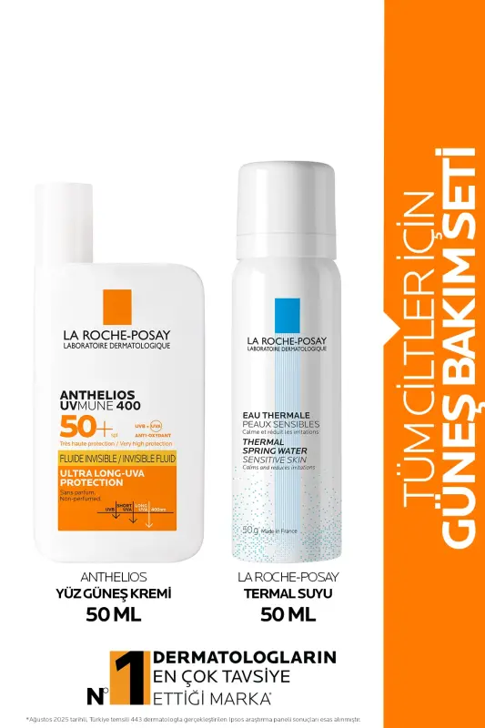 Quyoshdan himoya qiluvchi teri parvarishi to'plami: Anthelios Uvmune yuz uchun quyosh kremi 50ML & Termal suv 50ML - LA ROCHE POSAY