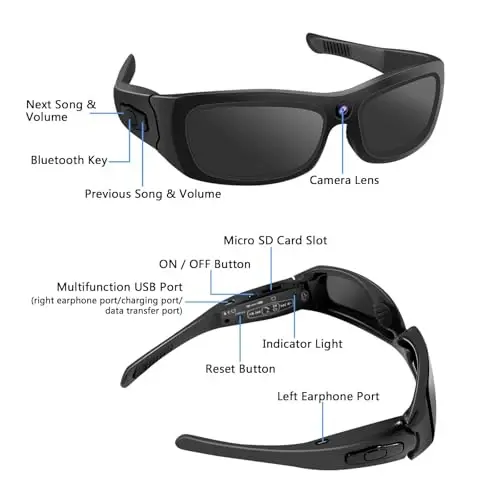 Quyoshdan saqlaydigan ko'zoynak Kamera HD 1080P Sport Kamera Ko'zoynak Video Kamera Quyoshdan saqlaydigan ko'zoynak Sport Kamera, Bluetooth Quyoshdan saqlaydigan ko'zoynak Velosiped Video Kamera Döngülü Yozuv va Ochiq Havoda Faoliyat uchun Quloqchinlar bilan - 7