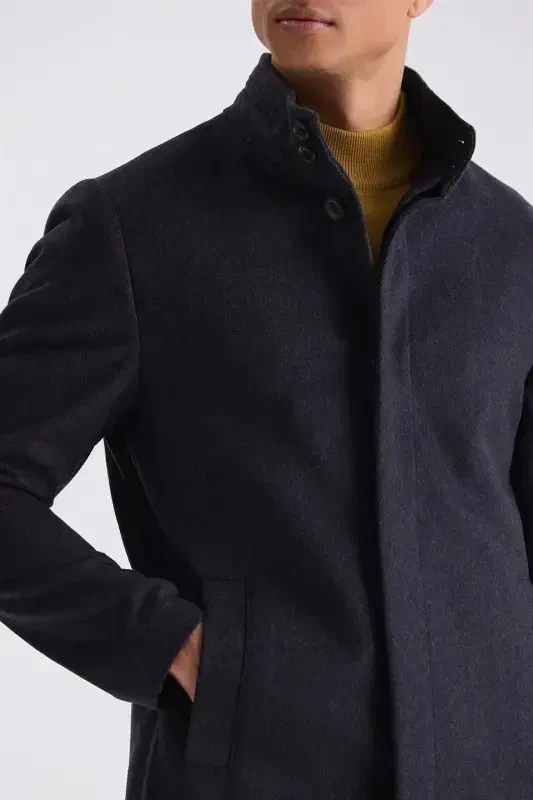 Quyuq binafsha rangda ingichka kesim tik turgan yoqasiz baliq suyakli naqshli jun spor palto - 3