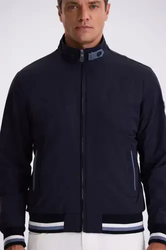 Quyuq ko'k Comfort Fit tik tur yoqali qulay kesim mavsumiy palto - 3