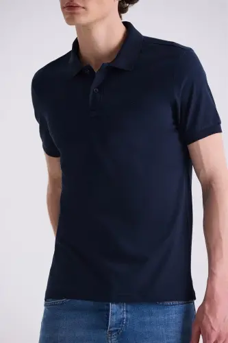 Quyuq koʻk rangli Slim Fit Polo Yaka Futbolka - 3