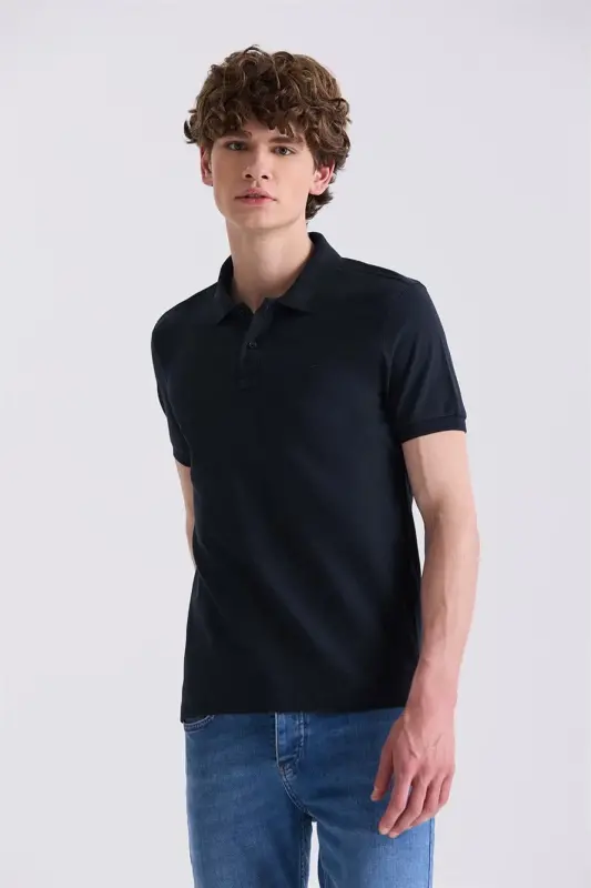 Quyuq koʻk rangli Slim Fit Polo Yaka Futbolka - 1