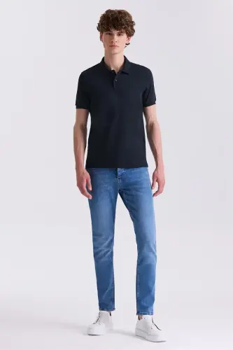 Quyuq koʻk rangli Slim Fit Polo Yaka Futbolka - 2