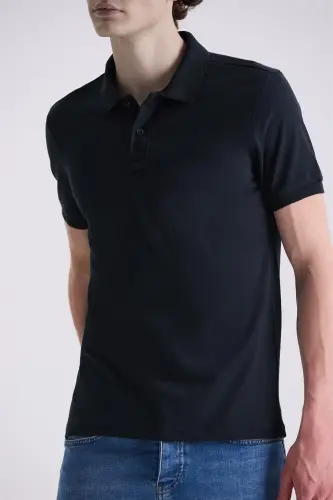 Quyuq koʻk rangli Slim Fit Polo Yaka Futbolka - 3