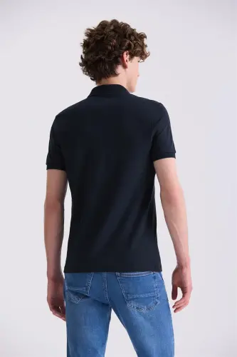 Quyuq koʻk rangli Slim Fit Polo Yaka Futbolka - 4