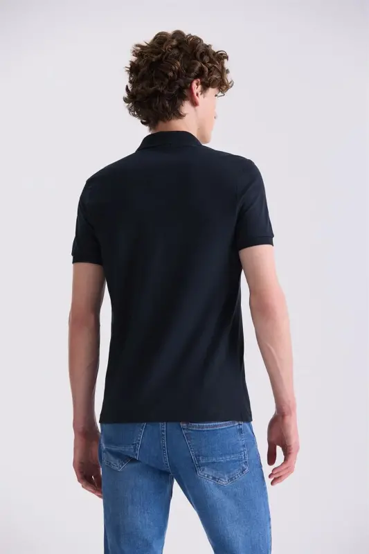 Quyuq koʻk rangli Slim Fit Polo Yaka Futbolka - 4