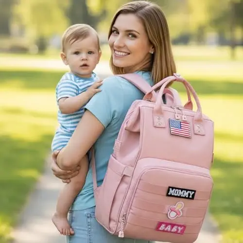QWREOIA Diaper Bag Backpack for Dad and Mom with USB Charging Port Stroller Straps and Insulated Pocket,army military Travel Nappy Backpack for Daddy/Mommy (Pink) - QWREOIA