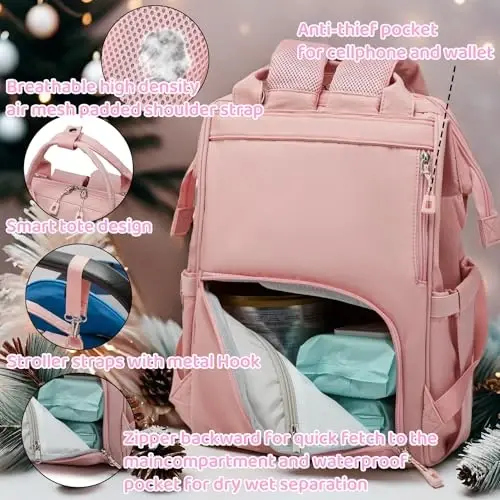 QWREOIA Bebek Bezi Çantası Baba ve Anne için USB Şarj Portlu Bebek Arabası Kayışları ve Yalıtımlı Cep, ordu askeri Seyahat Bebek Bezi Sırt Çantası Baba/Anne için (Pembe) 