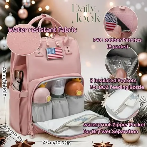 QWREOIA Diaper Bag Backpack for Dad and Mom with USB Charging Port Stroller Straps and Insulated Pocket,army military Travel Nappy Backpack for Daddy/Mommy (Pink) - 3