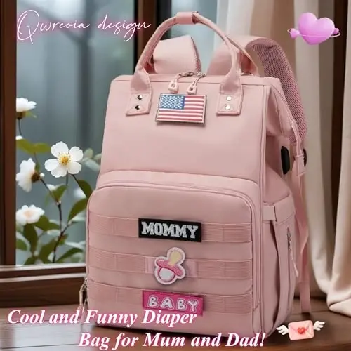 QWREOIA Diaper Bag Backpack for Dad and Mom with USB Charging Port Stroller Straps and Insulated Pocket,army military Travel Nappy Backpack for Daddy/Mommy (Pink) - 6