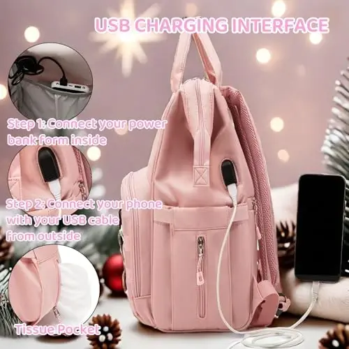 QWREOIA Diaper Bag Backpack for Dad and Mom with USB Charging Port Stroller Straps and Insulated Pocket,army military Travel Nappy Backpack for Daddy/Mommy (Pink) - 4