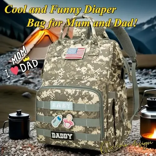 QWREOIA Diaper Bag Backpack for Dad and Mom with USB Charging Port Stroller Straps and Insulated Pocket,army military Travel Nappy Backpack for Daddy/Mommy (Camo) - 2
