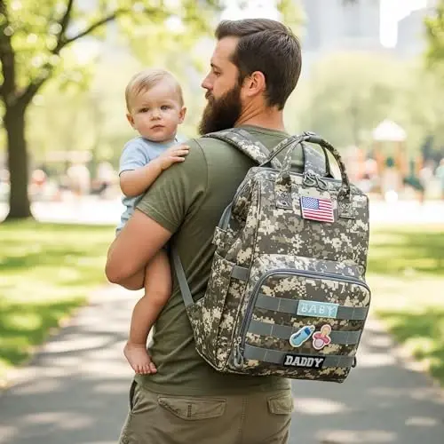 QWREOIA Diaper Bag Backpack for Dad and Mom with USB Charging Port Stroller Straps and Insulated Pocket,army military Travel Nappy Backpack for Daddy/Mommy (Camo) - 1