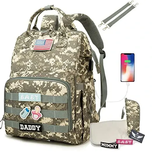 QWREOIA Diaper Bag Backpack for Dad and Mom with USB Charging Port Stroller Straps and Insulated Pocket,army military Travel Nappy Backpack for Daddy/Mommy (Camo) - QWREOIA (1)