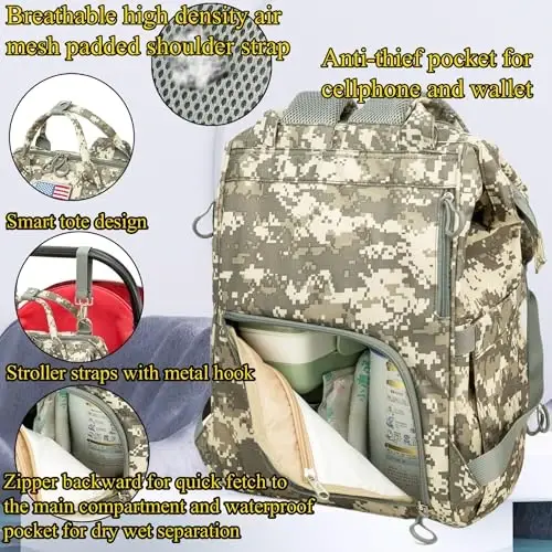 QWREOIA Diaper Bag Backpack for Dad and Mom with USB Charging Port Stroller Straps and Insulated Pocket,army military Travel Nappy Backpack for Daddy/Mommy (Camo) - 5
