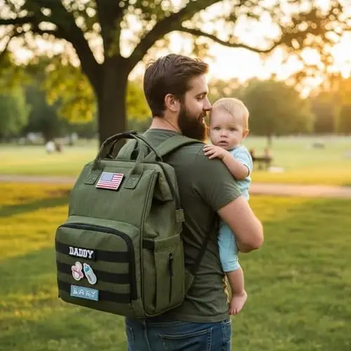 QWREOIA Diaper Bag Backpack for Dad and Mom with USB Charging Port Stroller Straps and Insulated Pocket,army military Travel Nappy Backpack for daddy mommy (Green) - QWREOIA