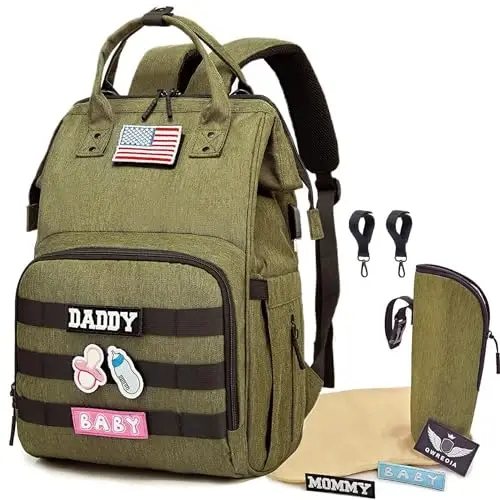 QWREOIA Diaper Bag Backpack for Dad and Mom with USB Charging Port Stroller Straps and Insulated Pocket,army military Travel Nappy Backpack for daddy mommy (Green) - QWREOIA (1)