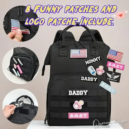 QWREOIA Diaper Bag Backpack for Dad and Mom with USB Charging Port Stroller Straps and Insulated Pocket,army military Travel Nappy Backpack for Daddy/Mommy (Black) - 2
