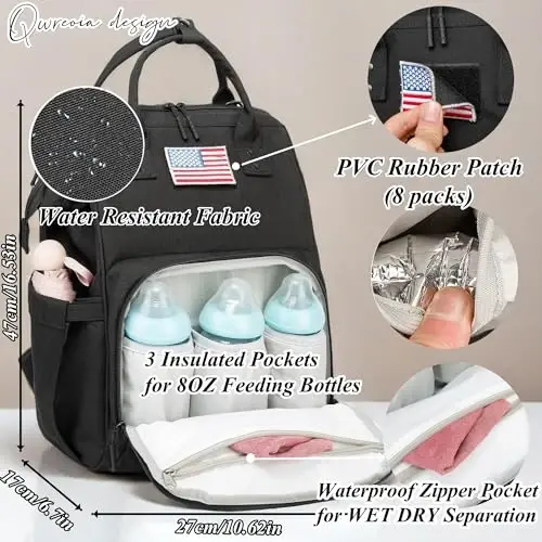 QWREOIA Diaper Bag Backpack for Dad and Mom with USB Charging Port Stroller Straps and Insulated Pocket,army military Travel Nappy Backpack for Daddy/Mommy (Black) 