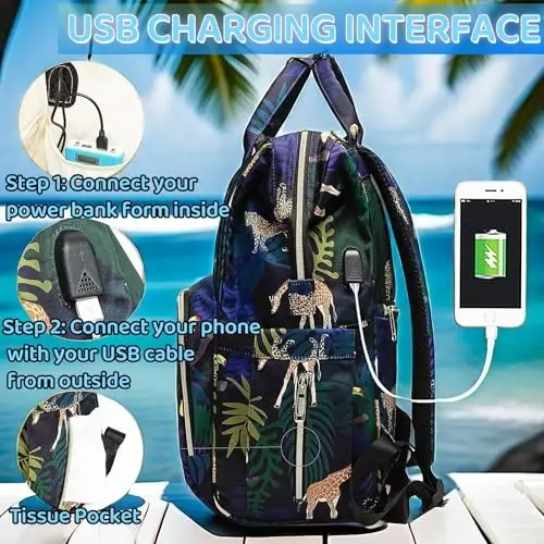 QWREOIA Diaper Bag Backpack, Animal Print Travel Nappy Bag with USB Charging Port Stroller Straps and Insulated Pocket For Women/Mum (Animal Print Pattern) - 4