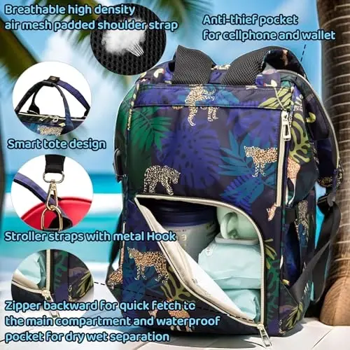 QWREOIA Diaper Bag Backpack, Animal Print Travel Nappy Bag with USB Charging Port Stroller Straps and Insulated Pocket For Women/Mum (Animal Print Pattern) - 5