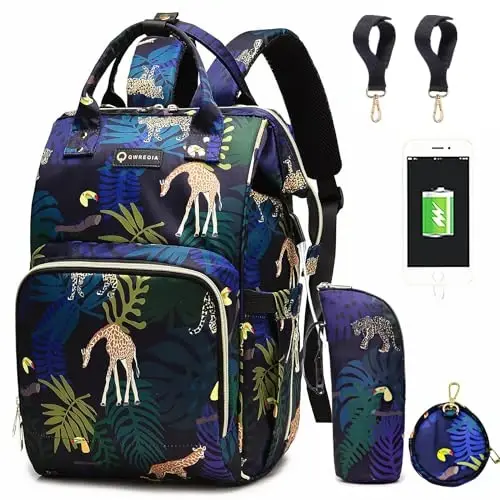 QWREOIA Diaper Bag Backpack, Animal Print Travel Nappy Bag with USB Charging Port Stroller Straps and Insulated Pocket For Women/Mum (Animal Print Pattern) - 2