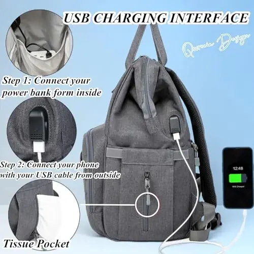 QWREOIA Diaper Bag Backpack for Dad and Mom with USB Charging Port Stroller Straps and Insulated Pocket,army military Travel Nappy Backpack (Dark Grey) - 5