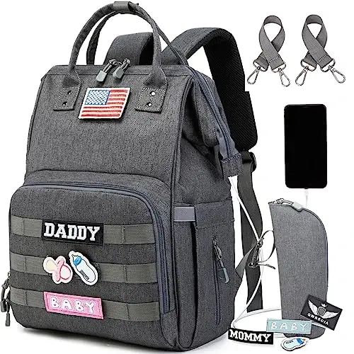 QWREOIA Diaper Bag Backpack for Dad and Mom with USB Charging Port Stroller Straps and Insulated Pocket,army military Travel Nappy Backpack (Dark Grey) - QWREOIA (1)