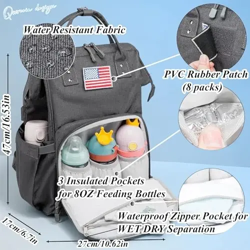 QWREOIA Diaper Bag Backpack for Dad and Mom with USB Charging Port Stroller Straps and Insulated Pocket,army military Travel Nappy Backpack (Dark Grey) - 3